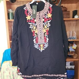 Anne Klein Black Tunic with Colorful Embroidery